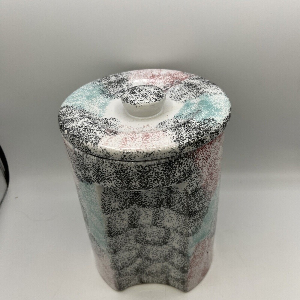 Vintage Guyroc Sponge Painted Gray Mint Pink Ceramic Canister MCM mid century